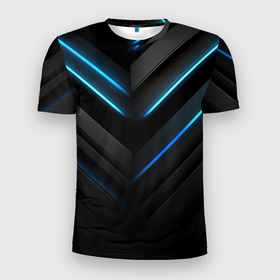 Мужская футболка 3D Slim с принтом Черный абстрактный фон и  синие неоновые  вставки в Екатеринбурге, 100% полиэстер с улучшенными характеристиками | приталенный силуэт, круглая горловина, широкие плечи, сужается к линии бедра | 