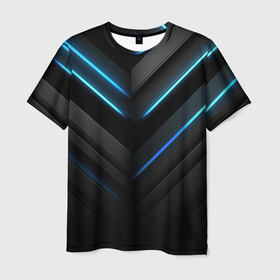 Мужская футболка 3D с принтом Черный абстрактный фон и  синие неоновые  вставки в Курске, 100% полиэфир | прямой крой, круглый вырез горловины, длина до линии бедер | 