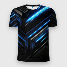 Мужская футболка 3D Slim с принтом Черный абстрактный фон  и  синие неоновые  вставки в Екатеринбурге, 100% полиэстер с улучшенными характеристиками | приталенный силуэт, круглая горловина, широкие плечи, сужается к линии бедра | 