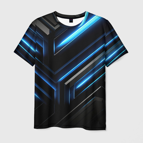 Мужская футболка 3D с принтом Черный абстрактный фон  и  синие неоновые  вставки в Курске, 100% полиэфир | прямой крой, круглый вырез горловины, длина до линии бедер | 