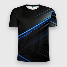 Мужская футболка 3D Slim с принтом Черный абстрактный  фон  и  синие неоновые  вставки в Екатеринбурге, 100% полиэстер с улучшенными характеристиками | приталенный силуэт, круглая горловина, широкие плечи, сужается к линии бедра | 