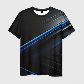 Мужская футболка 3D с принтом Черный абстрактный  фон  и  синие неоновые  вставки в Курске, 100% полиэфир | прямой крой, круглый вырез горловины, длина до линии бедер | 