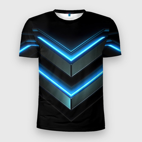 Мужская футболка 3D Slim с принтом Черный   абстрактный  фон   и  синие  неоновые  вставки в Екатеринбурге, 100% полиэстер с улучшенными характеристиками | приталенный силуэт, круглая горловина, широкие плечи, сужается к линии бедра | 