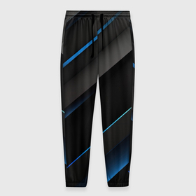 Мужские брюки 3D с принтом Синий неоновый яркий свет на черном  абстрактном  фоне в Санкт-Петербурге, 100% полиэстер | манжеты по низу, эластичный пояс регулируется шнурком, по бокам два кармана без застежек, внутренняя часть кармана из мелкой сетки | 
