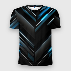 Мужская футболка 3D Slim с принтом Синий неоновый  яркий  свет  на  черном  абстрактном  фоне в Екатеринбурге, 100% полиэстер с улучшенными характеристиками | приталенный силуэт, круглая горловина, широкие плечи, сужается к линии бедра | 