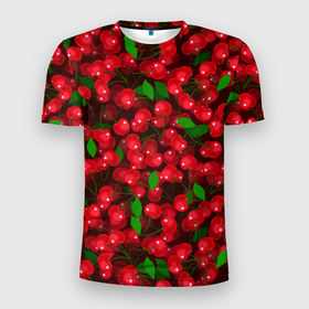 Мужская футболка 3D Slim с принтом Красная спелая вишня в Кировске, 100% полиэстер с улучшенными характеристиками | приталенный силуэт, круглая горловина, широкие плечи, сужается к линии бедра | Тематика изображения на принте: 