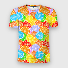 Мужская футболка 3D Slim с принтом Ломтики цитрусовых фруктов в Тюмени, 100% полиэстер с улучшенными характеристиками | приталенный силуэт, круглая горловина, широкие плечи, сужается к линии бедра | Тематика изображения на принте: 