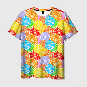 Мужская футболка 3D с принтом Ломтики цитрусовых фруктов в Тюмени, 100% полиэфир | прямой крой, круглый вырез горловины, длина до линии бедер | Тематика изображения на принте: 