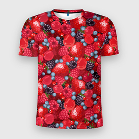 Мужская футболка 3D Slim с принтом Свежие ягоды   ассорти в Тюмени, 100% полиэстер с улучшенными характеристиками | приталенный силуэт, круглая горловина, широкие плечи, сужается к линии бедра | Тематика изображения на принте: 