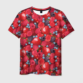 Мужская футболка 3D с принтом Свежие ягоды   ассорти , 100% полиэфир | прямой крой, круглый вырез горловины, длина до линии бедер | 