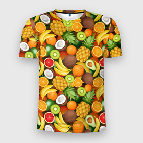 Мужская футболка 3D Slim с принтом Тропические фрукты   ассорти в Курске, 100% полиэстер с улучшенными характеристиками | приталенный силуэт, круглая горловина, широкие плечи, сужается к линии бедра | Тематика изображения на принте: 