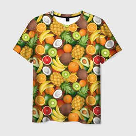 Мужская футболка 3D с принтом Тропические фрукты   ассорти в Тюмени, 100% полиэфир | прямой крой, круглый вырез горловины, длина до линии бедер | Тематика изображения на принте: 