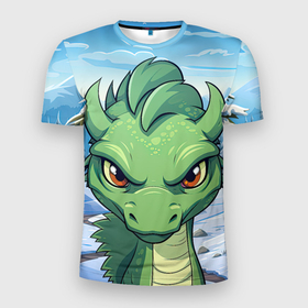 Мужская футболка 3D Slim с принтом Забавный  маленький  зеленый дракон в Санкт-Петербурге, 100% полиэстер с улучшенными характеристиками | приталенный силуэт, круглая горловина, широкие плечи, сужается к линии бедра | 