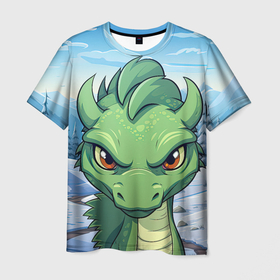 Мужская футболка 3D с принтом Забавный  маленький  зеленый дракон в Санкт-Петербурге, 100% полиэфир | прямой крой, круглый вырез горловины, длина до линии бедер | 