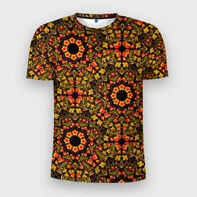 Мужская футболка 3D Slim с принтом Хохломская роспись круги из цветов и ягод в Тюмени, 100% полиэстер с улучшенными характеристиками | приталенный силуэт, круглая горловина, широкие плечи, сужается к линии бедра | 