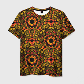 Мужская футболка 3D с принтом Хохломская роспись круги из цветов и ягод , 100% полиэфир | прямой крой, круглый вырез горловины, длина до линии бедер | 