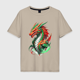 Мужская футболка хлопок Oversize с принтом Суровый китайский дракон в Петрозаводске, 100% хлопок | свободный крой, круглый ворот, “спинка” длиннее передней части | 