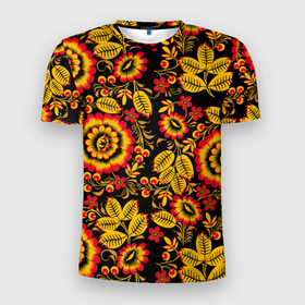 Мужская футболка 3D Slim с принтом Хохломская роспись золотистые листья и цветы чёрном фоне в Тюмени, 100% полиэстер с улучшенными характеристиками | приталенный силуэт, круглая горловина, широкие плечи, сужается к линии бедра | 