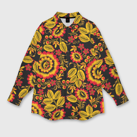 Мужская рубашка oversize 3D с принтом Хохломская роспись золотистые листья и цветы чёрном фоне ,  |  | 