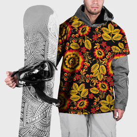 Накидка на куртку 3D с принтом Хохломская роспись золотистые листья и цветы чёрном фоне , 100% полиэстер |  | 