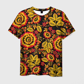 Мужская футболка 3D с принтом Хохломская роспись золотистые листья и цветы чёрном фоне в Екатеринбурге, 100% полиэфир | прямой крой, круглый вырез горловины, длина до линии бедер | 