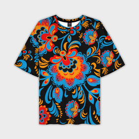 Мужская футболка oversize 3D с принтом Хохломская роспись разноцветные цветы на чёроном фоне ,  |  | 