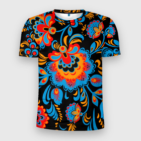 Мужская футболка 3D Slim с принтом Хохломская роспись разноцветные цветы на чёроном фоне в Тюмени, 100% полиэстер с улучшенными характеристиками | приталенный силуэт, круглая горловина, широкие плечи, сужается к линии бедра | 
