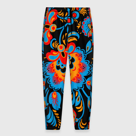 Мужские брюки 3D с принтом Хохломская роспись разноцветные цветы на чёроном фоне в Курске, 100% полиэстер | манжеты по низу, эластичный пояс регулируется шнурком, по бокам два кармана без застежек, внутренняя часть кармана из мелкой сетки | 