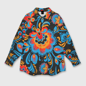 Мужская рубашка oversize 3D с принтом Хохломская роспись разноцветные цветы на чёроном фоне ,  |  | 