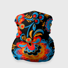 Бандана-труба 3D с принтом Хохломская роспись разноцветные цветы на чёроном фоне , 100% полиэстер, ткань с особыми свойствами — Activecool | плотность 150‒180 г/м2; хорошо тянется, но сохраняет форму | 