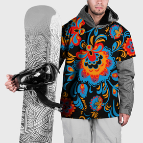 Накидка на куртку 3D с принтом Хохломская роспись разноцветные цветы на чёроном фоне , 100% полиэстер |  | 