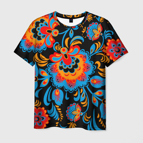 Мужская футболка 3D с принтом Хохломская роспись разноцветные цветы на чёроном фоне , 100% полиэфир | прямой крой, круглый вырез горловины, длина до линии бедер | 