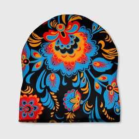 Шапка 3D с принтом Хохломская роспись разноцветные цветы на чёроном фоне в Екатеринбурге, 100% полиэстер | универсальный размер, печать по всей поверхности изделия | 