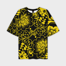 Мужская футболка oversize 3D с принтом Хохломская роспись золотые цветы на чёроном фоне ,  |  | 