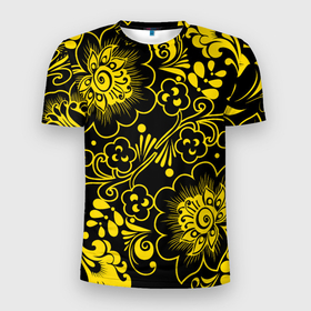 Мужская футболка 3D Slim с принтом Хохломская роспись золотые цветы на чёроном фоне в Белгороде, 100% полиэстер с улучшенными характеристиками | приталенный силуэт, круглая горловина, широкие плечи, сужается к линии бедра | 