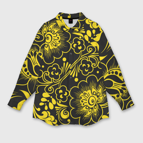 Мужская рубашка oversize 3D с принтом Хохломская роспись золотые цветы на чёроном фоне ,  |  | 