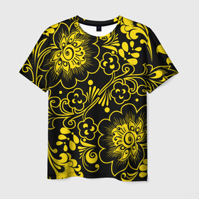 Мужская футболка 3D с принтом Хохломская роспись золотые цветы на чёроном фоне , 100% полиэфир | прямой крой, круглый вырез горловины, длина до линии бедер | 