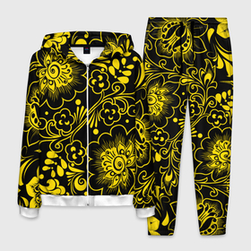 Мужской костюм 3D с принтом Хохломская роспись золотые цветы на чёроном фоне , 100% полиэстер | Манжеты и пояс оформлены тканевой резинкой, двухслойный капюшон со шнурком для регулировки, карманы спереди | 