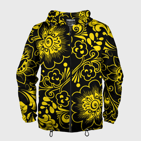 Мужская ветровка 3D с принтом Хохломская роспись золотые цветы на чёроном фоне в Тюмени, 100% полиэстер | подол и капюшон оформлены резинкой с фиксаторами, два кармана без застежек по бокам, один потайной карман на груди | 