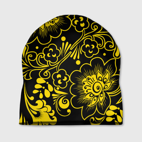 Шапка 3D с принтом Хохломская роспись золотые цветы на чёроном фоне в Тюмени, 100% полиэстер | универсальный размер, печать по всей поверхности изделия | 
