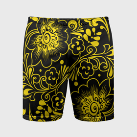 Мужские шорты спортивные с принтом Хохломская роспись золотые цветы на чёроном фоне в Белгороде,  |  | 