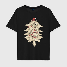 Мужская футболка хлопок Oversize с принтом Собака новогодняя в Новосибирске, 100% хлопок | свободный крой, круглый ворот, “спинка” длиннее передней части | Тематика изображения на принте: 