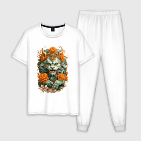 Мужская пижама хлопок с принтом Настоящий зеленый китайский дракон в Тюмени, 100% хлопок | брюки и футболка прямого кроя, без карманов, на брюках мягкая резинка на поясе и по низу штанин
 | Тематика изображения на принте: 