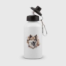 Бутылка спортивная с принтом Собака лайка арт портрет , металл | емкость — 500 мл, в комплекте две пластиковые крышки и карабин для крепления | 