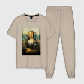 Мужская пижама хлопок с принтом Пиксель Мона Лиза в Петрозаводске, 100% хлопок | брюки и футболка прямого кроя, без карманов, на брюках мягкая резинка на поясе и по низу штанин
 | 