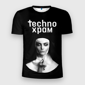 Мужская футболка 3D Slim с принтом Techno храм монашка держит четки с крестиком в Петрозаводске, 100% полиэстер с улучшенными характеристиками | приталенный силуэт, круглая горловина, широкие плечи, сужается к линии бедра | 