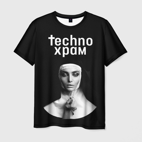 Мужская футболка 3D с принтом Techno храм монашка держит четки с крестиком в Тюмени, 100% полиэфир | прямой крой, круглый вырез горловины, длина до линии бедер | Тематика изображения на принте: 