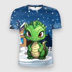 Мужская футболка 3D Slim с принтом Маленький зеленый новогодний дракон на фоне снега в Белгороде, 100% полиэстер с улучшенными характеристиками | приталенный силуэт, круглая горловина, широкие плечи, сужается к линии бедра | 