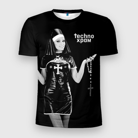 Мужская футболка 3D Slim с принтом Techno храм монашка секси в латексе в Курске, 100% полиэстер с улучшенными характеристиками | приталенный силуэт, круглая горловина, широкие плечи, сужается к линии бедра | Тематика изображения на принте: 