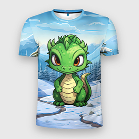Мужская футболка 3D Slim с принтом Маленький зеленый новогодний дракон в лесу в Петрозаводске, 100% полиэстер с улучшенными характеристиками | приталенный силуэт, круглая горловина, широкие плечи, сужается к линии бедра | 